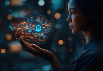 Poster - Woman Engaging with Digital Sphere of Technology and Innovation in Futuristic Urban Environment, Highlighting Creativity and Energy in Digital World