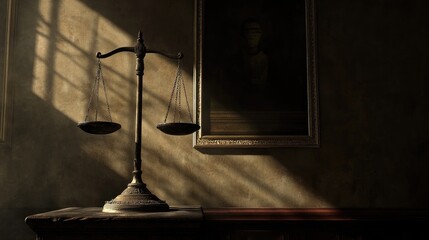 Poster - A beautifully aged balance scale set against a dark, classic interior, casting shadows that highlight its significance in law and justice.