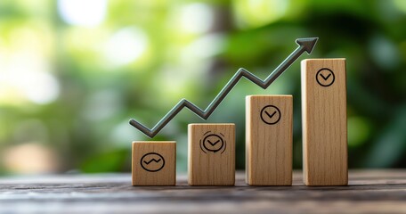 Poster - Wooden Blocks with Graph Icons Representing Business Growth and Progress on a Natural Background with Greenery in a Bright and Inviting Environment