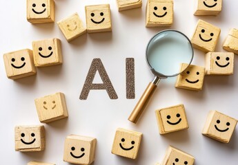 Poster - Wooden blocks with smiley faces surrounding a magnifying glass over the letters AI, symbolizing the exploration of artificial intelligence and innovation