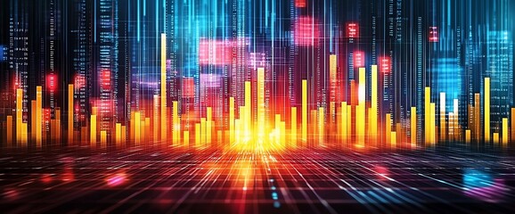 Poster - Digital city data stream; glowing bars rising; financial growth background; tech concept