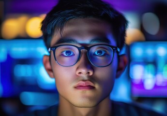 Poster - Young Asian man with glasses staring intensely at the camera, illuminated by colorful lights from computer screens in a cyber-themed environment