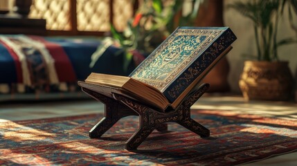 Poster - A beautifully arranged book on a sturdy stand, with its colorful cover on display, creating an atmosphere of knowledge, exploration, and literary appreciation.