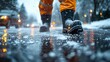 © illustration - Dedicated City Worker in Gloves Spreading Salt on Icy Sidewalk to Ensure Pedestrian Safety in Winter Conditions