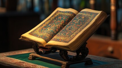 Poster - A beautifully arranged book on a sturdy stand, with its colorful cover on display, creating an atmosphere of knowledge, exploration, and literary appreciation.