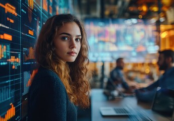 Aufkleber - Young woman in modern office environment with digital data visualization and colleagues working in background, focusing on technology and innovation