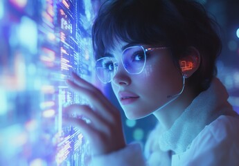 Aufkleber - Young Woman in High-Tech Environment Interacting with Digital Interface Using Augmented Reality Technology and Wearing Headphones