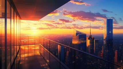 Aufkleber - A breathtaking city sunset captured from a sleek modern balcony, with the skyline bathed in warm golden light and the horizon fading into cool colors.
