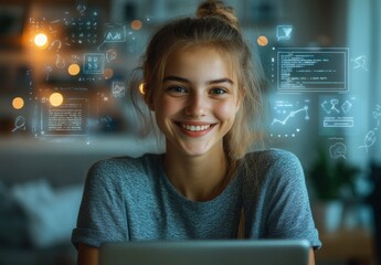 Poster - Young woman smiling while working on a laptop with digital data and charts illuminated around her in a modern, cozy indoor setting