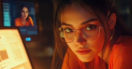 Aufkleber - Young woman with glasses and natural makeup, focused on computer screen in a dimly lit room, showcasing a contemporary digital workspace atmosphere