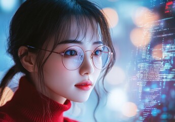 Aufkleber - Young woman with glasses gazing thoughtfully at digital interface and glowing data, reflecting technology's impact on modern life and communication