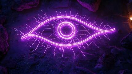 Wall Mural - Neon Eye Symbol on Dark Textured Background.