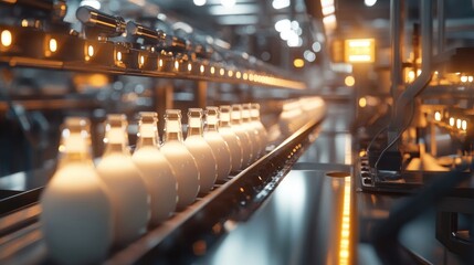Poster - A busy dairy factory production line with rows of milk bottles being processed, filled, and sealed for packaging, emphasizing automation and speed.