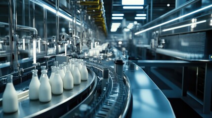 Poster - A busy dairy factory production line with rows of milk bottles being processed, filled, and sealed for packaging, emphasizing automation and speed.