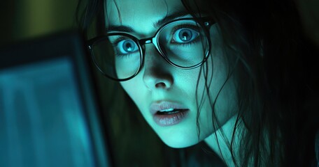 Aufkleber - Young woman with glasses staring intently at computer screen, illuminated by blue light, showcasing emotions of surprise and curiosity in a dark environment