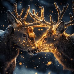 Poster - Macro of two elk bathed a soft golden glow intricate antlers glowing with luminescent patterns One elk on tiptoes reaching for a kiss dark background with snowflakes magical warmth