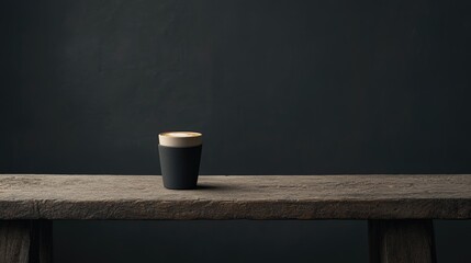 Poster - A carefully placed coffee cup on a weathered wooden table, with soft natural lighting and a simple, uncluttered background, creating a minimalist scene.