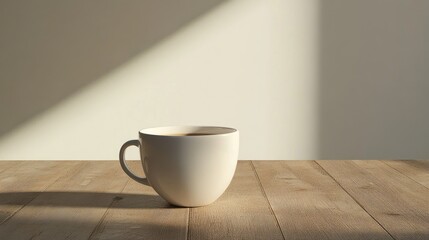 Poster - A carefully placed coffee cup on a weathered wooden table, with soft natural lighting and a simple, uncluttered background, creating a minimalist scene.