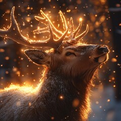 Poster - Macro shot of elk outlined soft golden light focusing on their intricate antlers and tender expressions One elk reaching for a kiss with snowflakes in the dark background emphasizing warmth