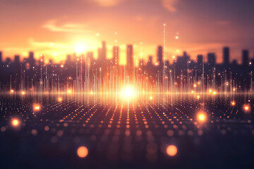Poster - Cityscape sunset, data flow, technology future