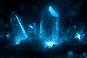 Sticker - Glowing blue crystals in dark snow. Fantasy background