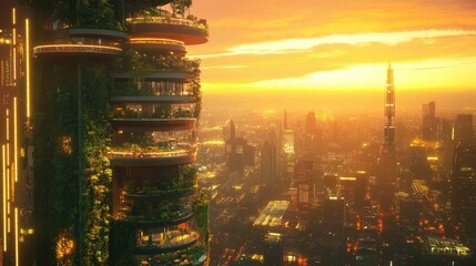 Aufkleber - A city skyline at sunset featuring modern sustainable architecture with integrated nature, glowing vertical gardens, and futuristic elements lighting up the scene.