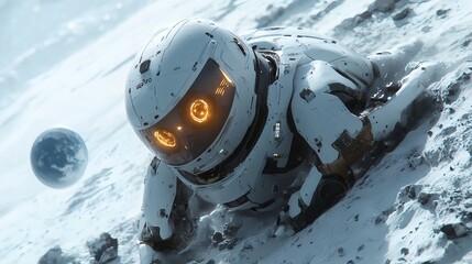 Poster - Metallic robot expressive screen eyes racing over rugged lunar terrain with visible craters a futuristic military force in pursuit and Earth as a distant sphere creating a highstakes scifi chase