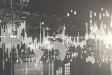 Wall Mural - Global finance data visualization, market trends, city backdrop, investment analysis