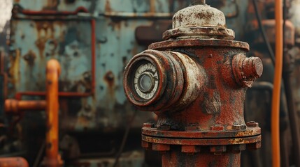Aufkleber - A close-up of a rusty fire hydrant and weathered fire hose, set against an industrial backdrop of rusted machinery and gritty, industrial surroundings.