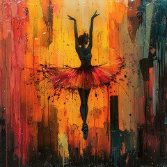 Fototapete - Modern abstract artwork featuring daring ballerina chaotic brushstrokes whimsical alcohol ink detail textured surface Highlight glossy transparent resin big splash effect sparkling graffiti against