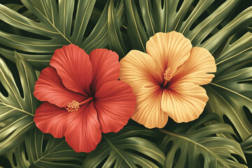 Poster - Tropical Hibiscus Flowers, Lush Leaves, Summer Design