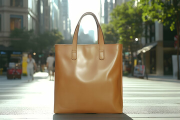 Tan leather tote bag on city street