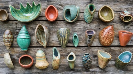 Poster - A close-up of diverse pottery artifacts in various shapes and colors, arranged on a rustic wooden surface, celebrating the art of traditional craftsmanship.