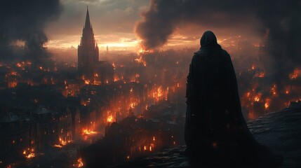 Poster - Photolike vigilante intricate cloak and stylized mask standing on 17thcentury rooftops City burning with detailed flames smoke from church steeple at night with flickering light