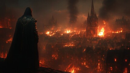 Fototapete - Photolike vigilante intricate cloak and stylized mask standing on 17thcentury rooftops City burning with detailed flames smoke from church steeple at night with flickering light