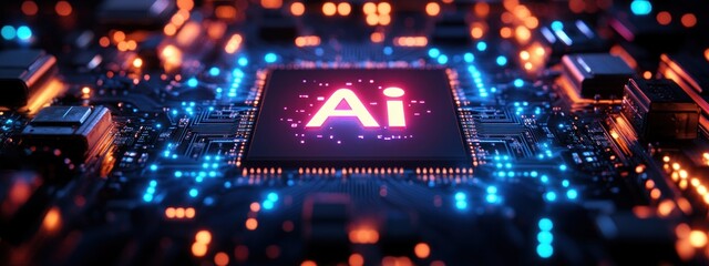 Poster - Futuristic Circuit Board with Glowing Logo Symbolizing AI and Advanced Technology in Cyberpunk Style