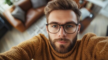 Poster - A young man with a stylish beard takes a selfie while wearing a knitted sweater in a modern, inviting living room. Warm tones and comfortable decor enhance the cozy atmosphere