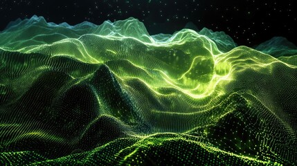 Poster - A complex topographic data visualization with glowing lines and particles forming a futuristic landscape, ideal for tech and innovation-related projects.