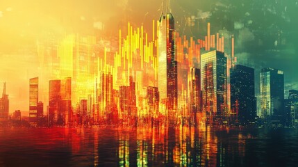 Poster - A conical projection of rising market indices towering above a melting city skyline, symbolizing the fragility of economic success and its precarious nature.