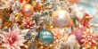 © ShStock - Vintage style Christmas tree adorned with pastel pink and blue ornaments, frosted branches, and floral decorations, creating a festive atmosphere.