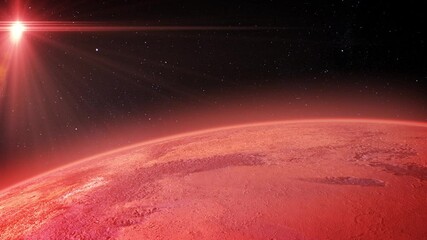 Wall Mural - A cosmic dawn on Mars.
The red surface of Mars is illuminated by the first rays of a brilliant sunrise, creating a mesmerizing contrast against the dark, star-filled sky.
