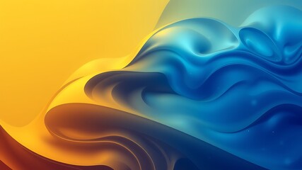 Wall Mural - Dynamic abstract background displaying smooth fluid waves in shades of blue and gold gradient.