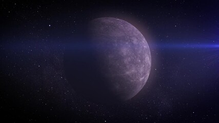 Wall Mural - The rocky surface of Mercury.
Mercury, the innermost planet, showcases its rugged, cratered surface, framed by the infinite darkness of space and twinkling stars.
