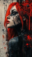 Poster - Rebellious woman fiery red hair and mechanical tattoos on her face metallic steampunk elements splashes of black and red paint in an urban streetart style with cyberpunkinspired industrial background