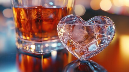 Poster - A crystal-clear heart-shaped ice cube resting on a table next to a drink, with the ice and beverage captured in high detail, creating a refreshing and elegant scene.