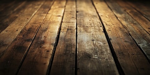 Wall Mural - Wooden floor texture with warm brown tones, planks positioned diagonally, soft lighting creating shadows, viewed from a low angle.