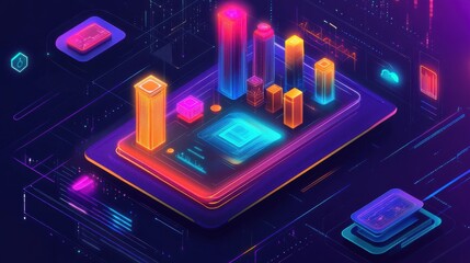 Poster - Futuristic Urban Landscape with Neon Lights and Data Visualization