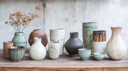 Poster - A curated selection of handcrafted pottery pieces with different shapes, colors, and textures, beautifully displayed on a wooden surface, showcasing traditional art.