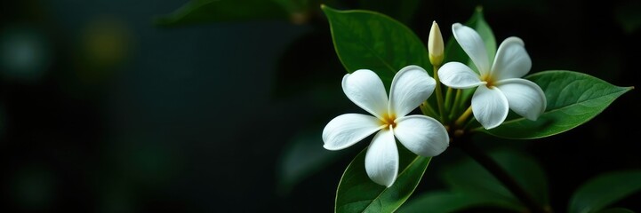 Wall Mural - Delicate jasmine flower blooms on dark green leaves, flower arrangement, black background