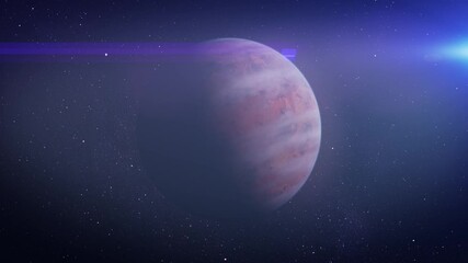 Wall Mural - 
Colorful aura of a distant exoplanet.
A vivid exoplanet with swirling red and orange patterns, surrounded by cosmic light and a faint rainbow hue, set against the starry expanse of space.
